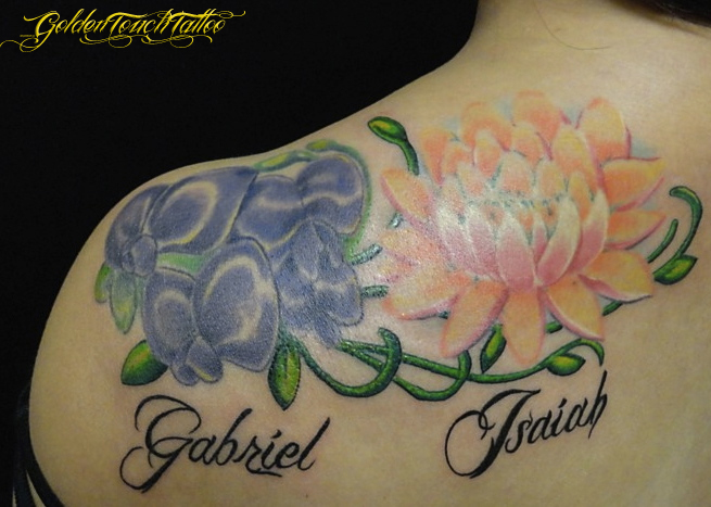 Tags adding on flower letters lotus script sons tattoo tattoos 